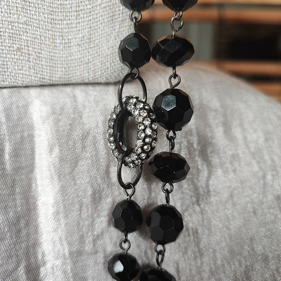 Dramatic Opera Length Black Plastic Faceted Glass Clear Rhinestone Bead Necklace - Picture 9 of 15